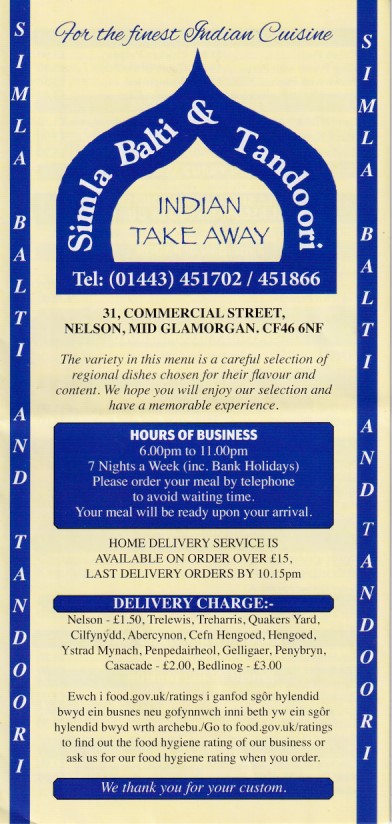 Menu of Simla Balti Indian Takeaway in Nelson