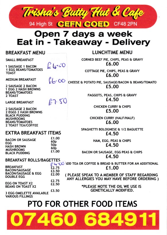 Menu of Trisha's Butty Hut and Cafe,Cefncoed