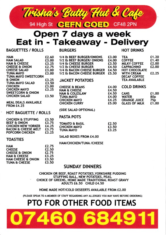 Menu of Trisha's Butty Hut and Cafe,Cefncoed